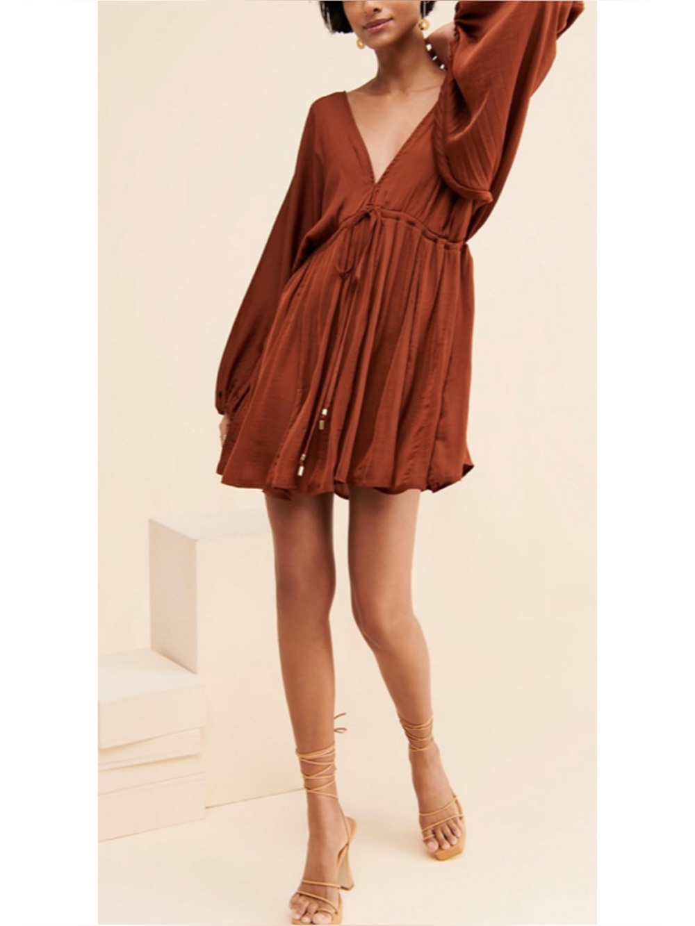 Free People Azrel Accordion Pleated Balloon Sleeve Mini Dress Cognac